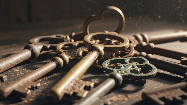 A close-up shot of a pile of old, rusty keys on a wooden surface, evoking a sense of history and mystery.