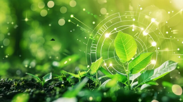 Agritech innovation concept with a green plant and futuristic data interface. Biotechnology for sustainable agriculture and environmental science. Smart farming and growth analysis
