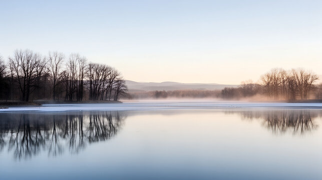 Fine Art Panoramic Winter Lake at Dawn &mdash; Misty Mirror Reflection, Pastel Sky, Minimal Wellness/Meditation Header