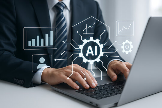 Business professional using laptop with AI data analysis visualization showing charts graphs and machine learning insights - Powered by Adobe