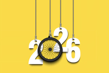 Naklejka premium Numbers 2026 and bike wheel as a Christmas decorations are hanging on strings. New Year 2026 are hang on cords. Template design for greeting card. Vector illustration on isolated background