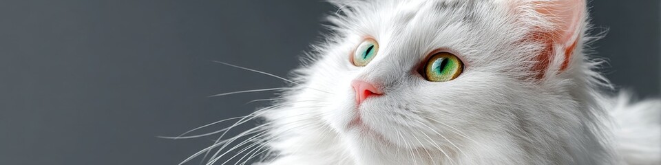 Elegant Turkish Angora Cat with Striking Blue Eyes Posing Gracefully Against a Gray Background