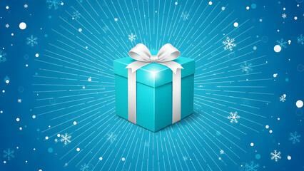 Cyan Gift Box with White Ribbon on a Blue Background with Snowflakes present