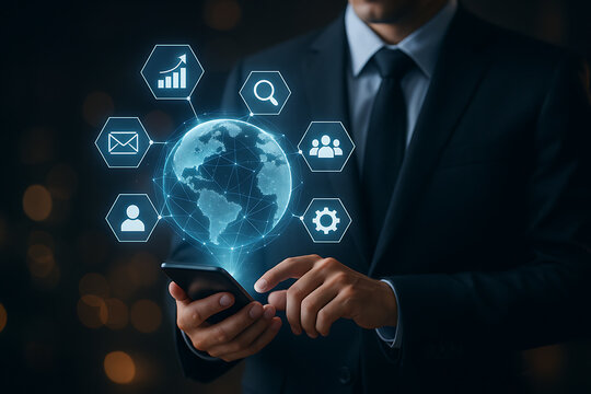 Business professional using smartphone with holographic globe and futuristic icons symbolizing digital network technology and innovation