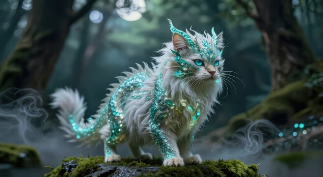 Ethereal Dragon cat with Luminous Scales in a Magical Forest Setting