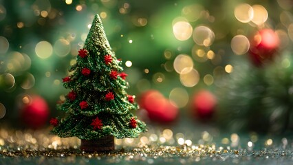 Sparkling miniature Christmas tree decorated with red stars on a glittering gold surface, set against a magical bokeh background of green and gold festive lights.