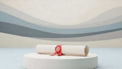 A diploma scroll with red ribbon seal on a white pedestal against a wavy background