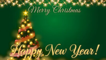 Luxurious Merry Christmas and Happy New Year greeting card background featuring a glowing Christmas tree with gold ornaments and string lights on a rich deep green background with ample copy space.