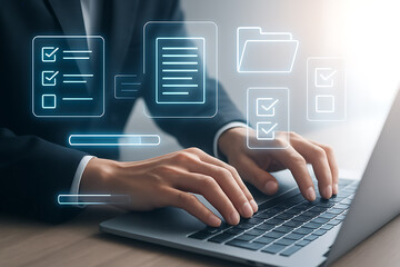 Business professional working on laptop with holographic checklists folders and documents representing corporate digital management and workflow solutions