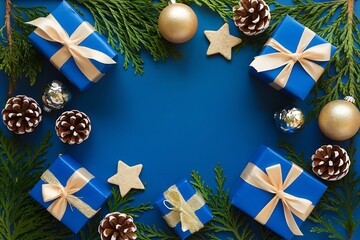 Merry Christmas and Happy Holidays greeting card, frame, banner. New Year. Noel. Red and white Christmas decorations and g top view. Winter xmas holiday celebration