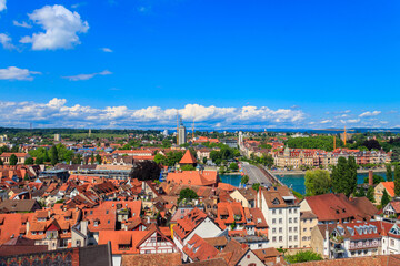 Fototapeta premium View over the old town of Konstanz (also known as Constance) from bell tower of Konstanz Cathedral, Baden-Wuerttemberg, Germany