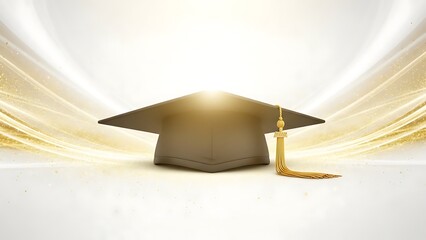 A close up of a graduation cap with a gold tassel on a white and gold background