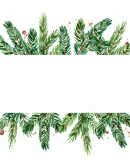 Watercolor pine branches border for winter holiday invitation, a festive frame with fir needles and golden glitter