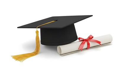 A graduation cap with a gold tassel and a diploma tied with a red ribbon on white