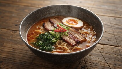 A steaming bowl of spicy Japanese ramen soup with pork and egg. Authentic chashu and ajitama noodle dish in a rustic bowl on a wooden table