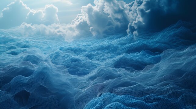 Abstract blue technology background with a digital wave network. Virtual data landscape resembling a sea under a cloudy sky