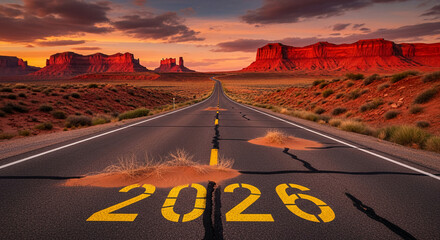 Asphalt road stretches toward distant mesa during sunset. The road displays yellow '2026', symbolizing the future, goal, or timeline in a scenic landscape