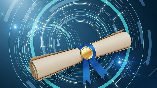 A diploma scroll tied with a blue ribbon against a futuristic digital background - Powered by Adobe
