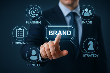 Fototapeta premium Businessman pointing at glowing holographic brand concept with planning strategy identity positioning and corporate image development