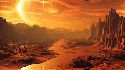 Science fiction landscape of an alien planet with a glowing sun. Extraterrestrial world with a desert canyon and river under an orange sky. Space exploration and discovery concept