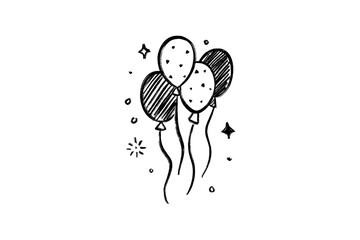 Hand drawn sketch of a bunch of party balloons with confetti and stars, isolated on transparent background