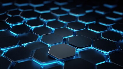 Obraz premium Hexagonal Abstraction: An artistic view of an interconnected pattern of dark, hexagonal tiles, bathed in a cool, electric-blue glow, showcasing technology and design. 