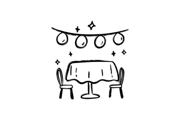 Hand drawn doodle icon of a romantic dinner table set for two with string lights and sparkles, isolated on transparent background