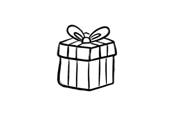 Hand drawn black and white sketch of a simple gift box with a bow on top, isolated on transparent background