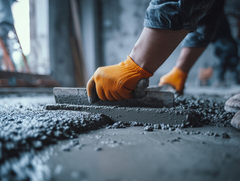 A worker is smoothing a damp concrete floor using a trowel while donning an orange glove, illustrating the processes involved in concrete floor leveling, repair, and surface refinement.