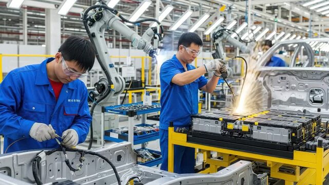 Workers focus on assembling electric vehicle batteries at a factory in China on a busy day