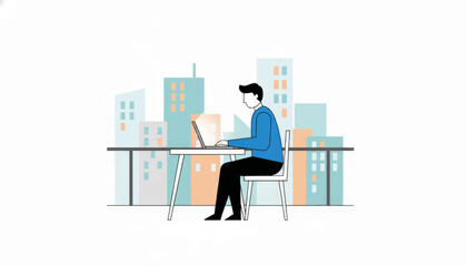 Fototapeta premium Man working on laptop on balcony with city skyline background. Remote work and freelance concept. Flat design vector illustration