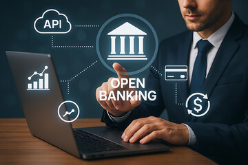 Businessman using holographic open banking interface showing api finance digital transactions financial data access and modern fintech system