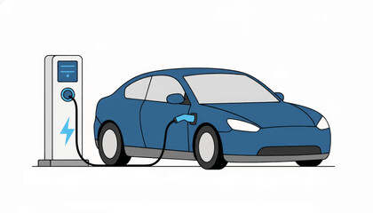 Electric car charging at station. Blue vehicle plugged into power supply. Flat design vector illustration