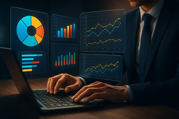 Businessman working on laptop with digital charts graphs and analytics dashboard representing financial data analysis and growth