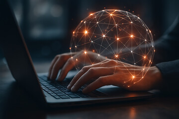 Businessman working on laptop with illuminated network globe symbolizing internet communication and technology innovation