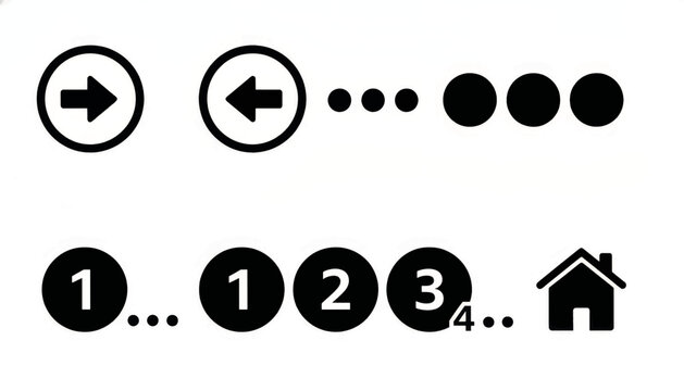 Pagination and navigation UI icon set. Simple flat glyphs with arrows, numbers, and home symbols. Vector elements for web and app interface design