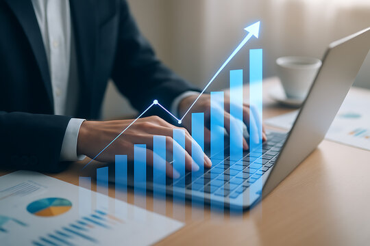Businessman working on laptop with digital growth graph overlay showing increasing financial success and market expansion