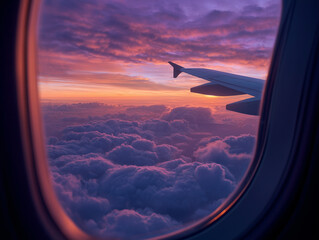 View from an airplane window looking out at a stunning purple and orange sunset with the silhouette of the aircraft wing over fluffy clouds.
Автор: horizon