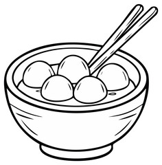 Outline drawing of bowl with dumplings and chopsticks for Asian food concept