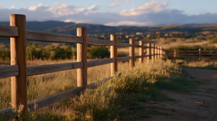 Fototapeta premium A weathered wooden fence lining a rural dirt road at golden hour, long shadows stretching across wild grass as a gentle breeze moves through the boards — rustic countryside charm, outdoor