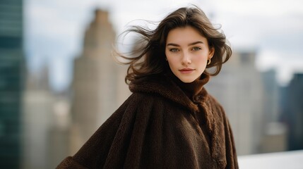 A fashion model on a windswept rooftop, hair and coat flowing forcefully as city skyscrapers blur behind her — urban editorial energy, dynamic motion, and high-fashion atmosphere. cinematic color