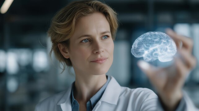 A scientist in a lab analyzing neural activity signals on a holographic brain scan, electrical pulses flowing across transparent layers — neuroscience research, digital diagnostics, and advanced