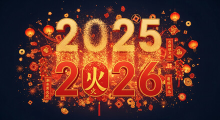 Golden and red numbers 2025 and 2026 surrounded by lanterns and golden elements, representating the upcoming Chinese New Year celebration