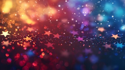 Abstract background with colorful bokeh lights and star shaped confetti. Festive Christmas or New Year holiday texture. Magic party glitter design