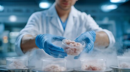 A cryogenic lab technician opening a fog-filled storage chamber, white vapor cascading over gloved hands as frozen biological samples rest inside stainless steel canisters — advanced
