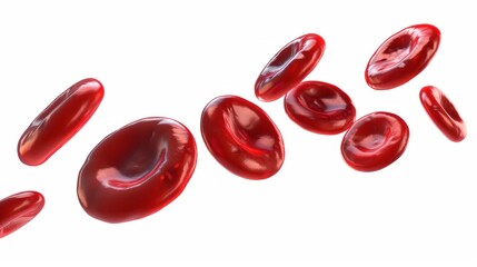Red blood cells flowing isolated on white background. 3D illustration of medical erythrocytes. Hematology and microbiology concept