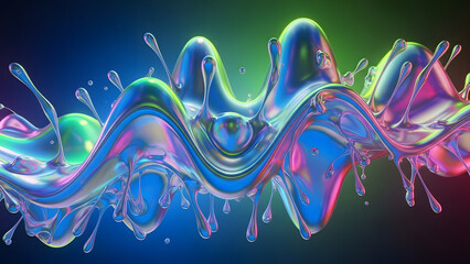 Abstract Wavy Iridescent Fluid Liquid Splash on Blue Green Gradient Backdrop with Splatters and Droplets Dynamic Artistic Design Artistic Presentation