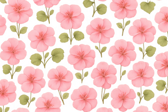 Pink geranium flower seamless pattern watercolor drawing with delicate botanical elements and transparent background for design - Powered by Adobe