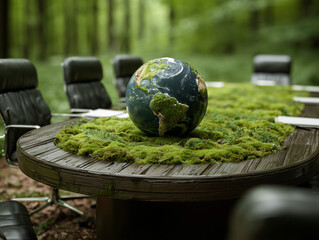 Global conference table featuring an Earth globe, decorated with green moss at its center. Papers lie neatly on the table beside chairs, backed by a forest landscape. 