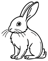 Fototapeta premium Simple black and white line art drawing of a seated bunny rabbit with long ears and whiskers